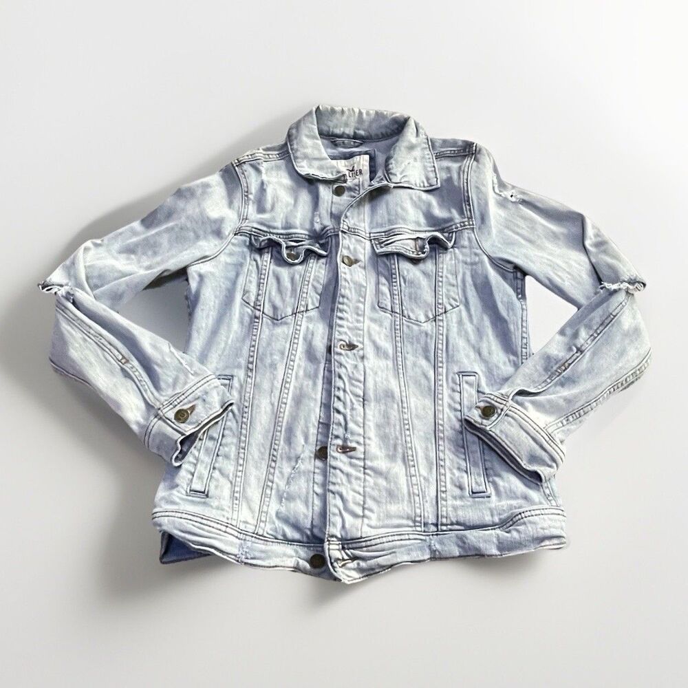 Hollister Womens Denim Jacket M Light Wash Distressed Stretch Trucker Ripped